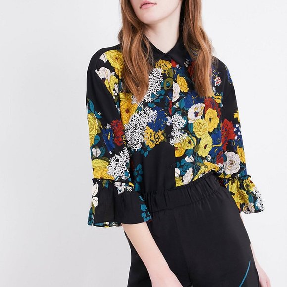 Sandro Tops - SANDRO Black Floral Print Silk Crepe Button Up Collared Shirt Blouse